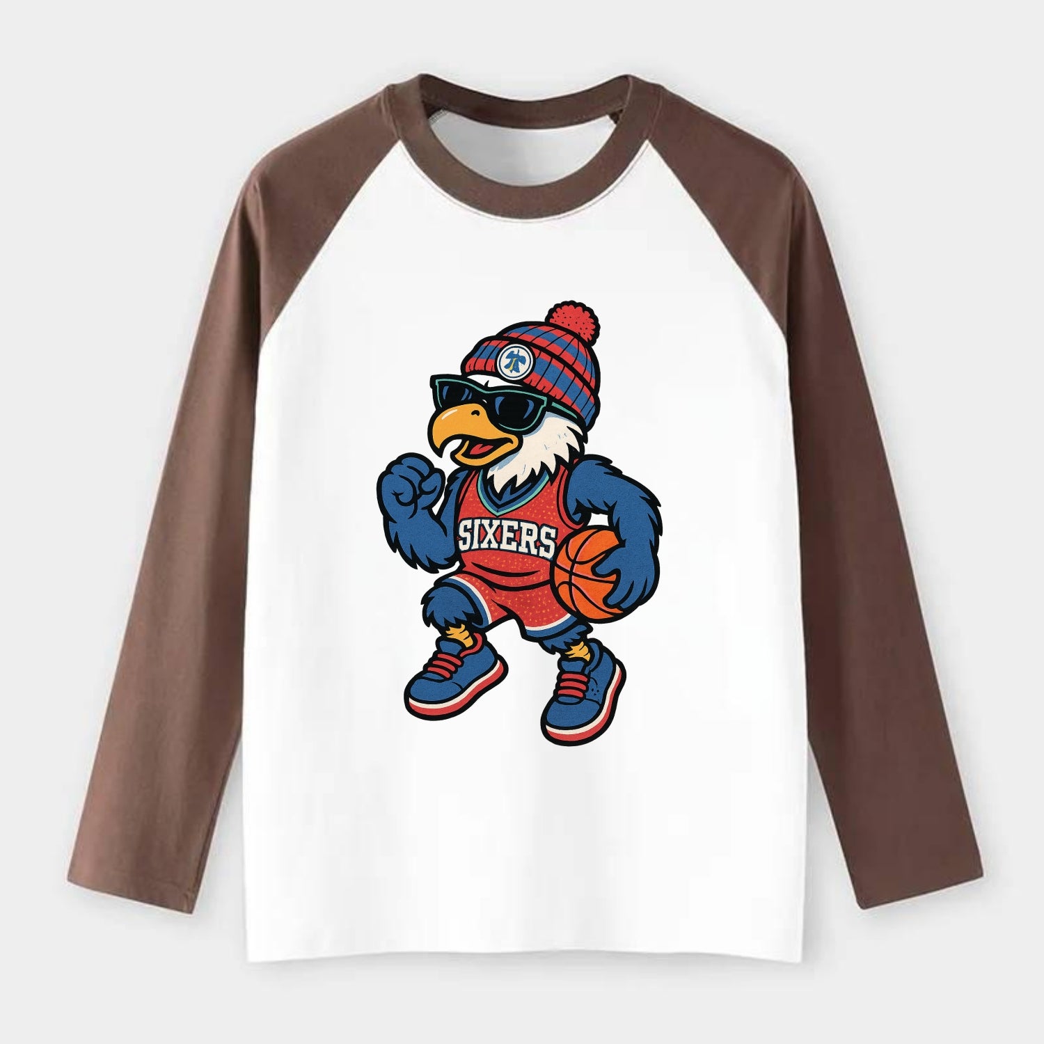 Philadelphia Eagle wearing 76ers red white and blue beanie with bell - Raglan Long Sleeve T-Shirt - Coffee