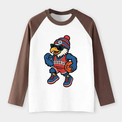 Philadelphia Eagle wearing 76ers red white and blue beanie with bell - Raglan Long Sleeve T-Shirt - Coffee