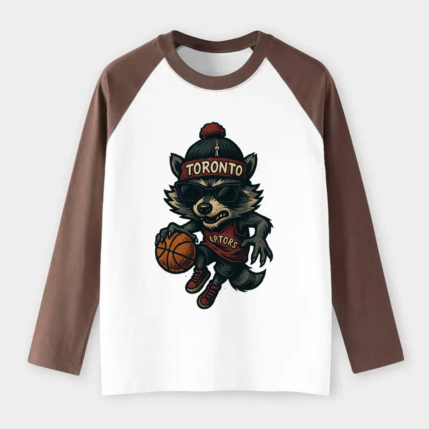 Toronto Raccoon wearing Raptors beanie with CN Tower patch and - Raglan Long Sleeve T-Shirt - Coffee
