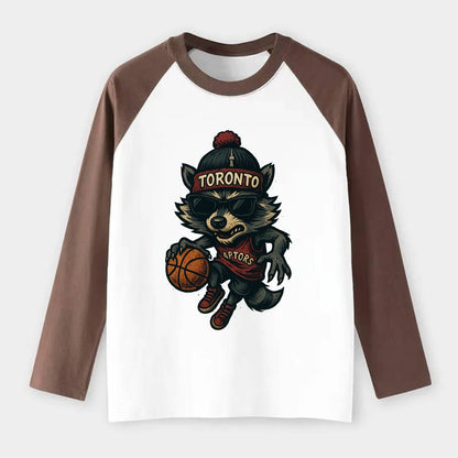 Toronto Raccoon wearing Raptors beanie with CN Tower patch and - Raglan Long Sleeve T-Shirt - Coffee