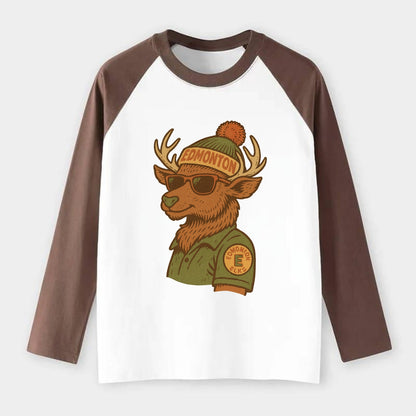 Edmonton Elk wearing Edmonton beanie wit - Raglan Long Sleeve T-Shirt - Coffee