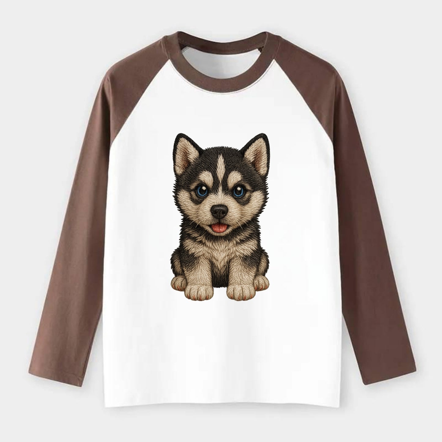 Baby Siberian Husky Puppy - blue or bi-colored eyes, fluffy coat, - Raglan Long Sleeve T-Shirt - Coffee