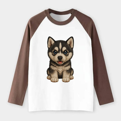 Baby Siberian Husky Puppy - blue or bi-colored eyes, fluffy coat, - Raglan Long Sleeve T-Shirt - Coffee