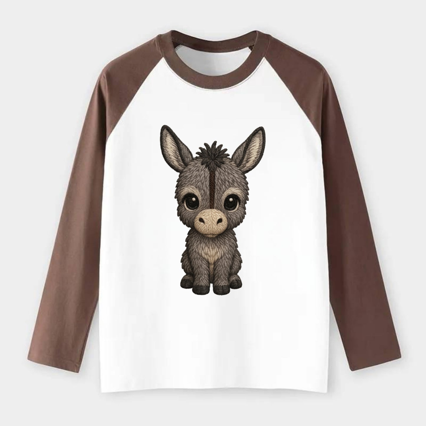 Baby Donkey Foal - gray fluffy, long ears, dark stripe, gentle eyes, - Raglan Long Sleeve T-Shirt - Coffee