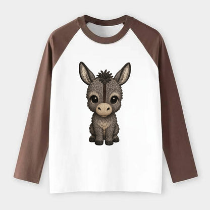 Baby Donkey Foal - gray fluffy, long ears, dark stripe, gentle eyes, - Raglan Long Sleeve T-Shirt - Coffee