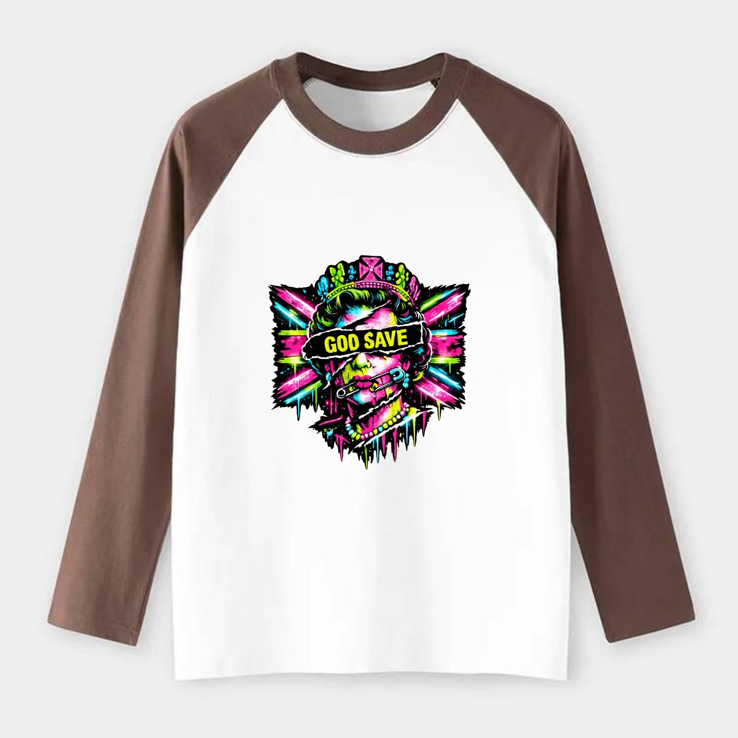 GOD SAVE | Torn royal portrait style | Blackout bar across eyes | - Raglan Long Sleeve T-Shirt - Coffee