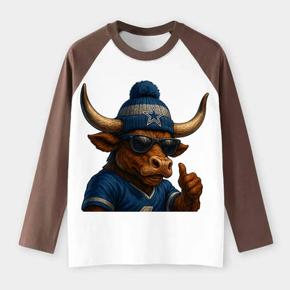 Texas Longhorn wearing Cowboys silver and blue beanie with star and - Raglan Long Sleeve T-Shirt - Coffee
