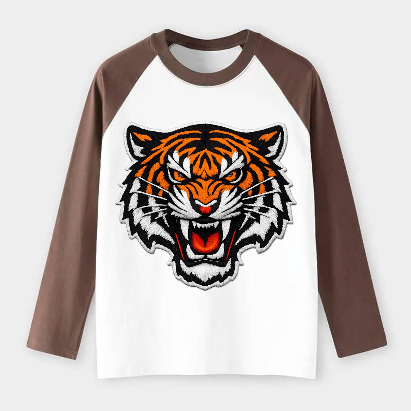 TIGER STRIPES FACE - fierce tiger face in orange, black and white , - Raglan Long Sleeve T-Shirt - Coffee