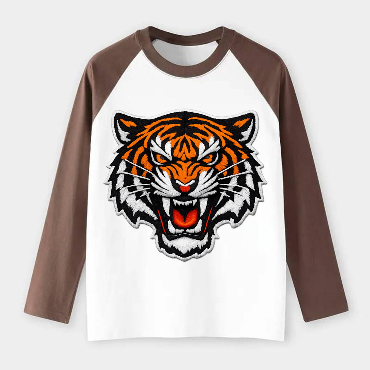TIGER STRIPES FACE - fierce tiger face in orange, black and white , - Raglan Long Sleeve T-Shirt - Coffee