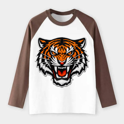 TIGER STRIPES FACE - fierce tiger face in orange, black and white , - Raglan Long Sleeve T-Shirt - Coffee