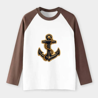 ANCHOR ROPE - classic anchor with rope in navy and gold , sailor - Raglan Long Sleeve T-Shirt - Coffee