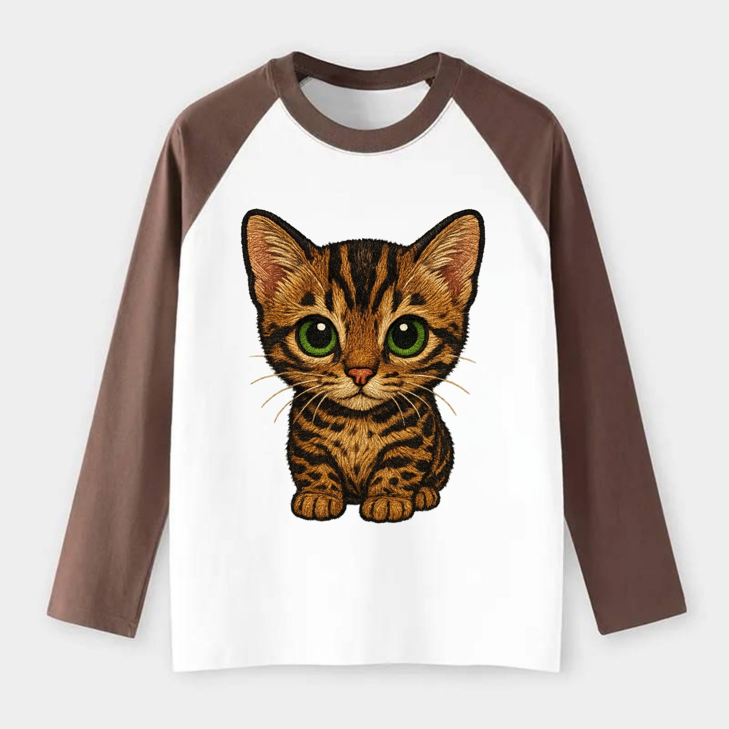 Baby Bengal Kitten - spotted/marbled wild coat, green eyes, athletic - Raglan Long Sleeve T-Shirt - Coffee