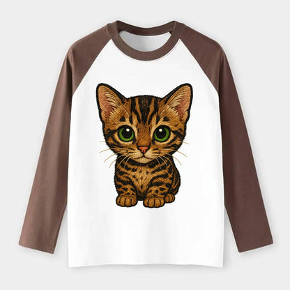 Baby Bengal Kitten - spotted/marbled wild coat, green eyes, athletic - Raglan Long Sleeve T-Shirt - Coffee
