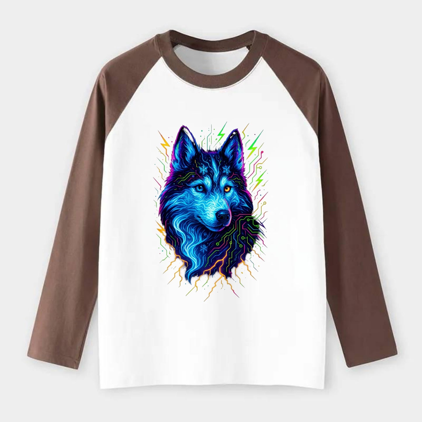 Siberian husky with ice-crystal flowing patterns, electric blue and - Raglan Long Sleeve T-Shirt - Coffee