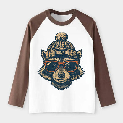 Toronto Raccoon wearing Toronto beanie w - Raglan Long Sleeve T-Shirt - Coffee