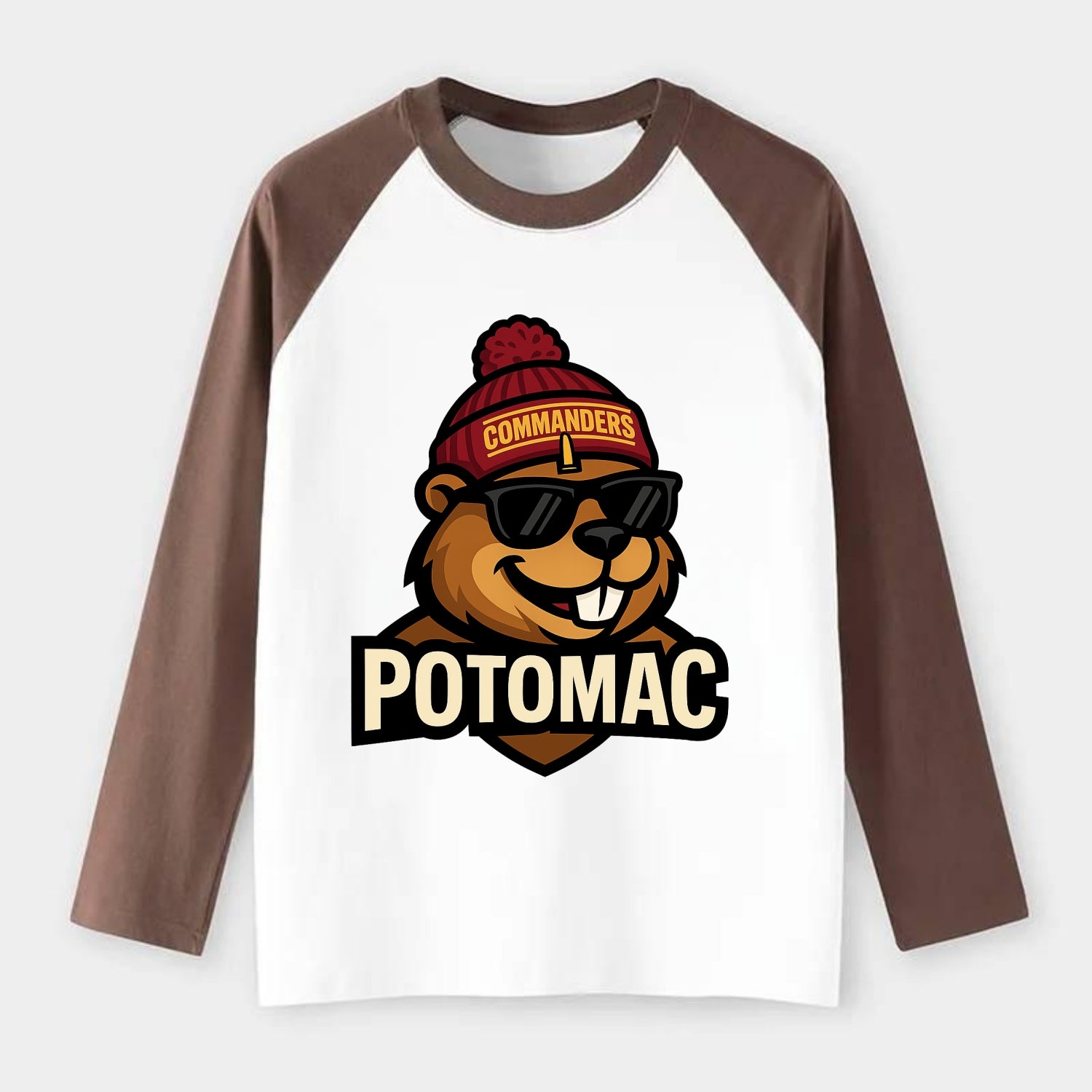 Potomac Beaver wearing Commanders beanie with monument patch and - Raglan Long Sleeve T-Shirt - Coffee