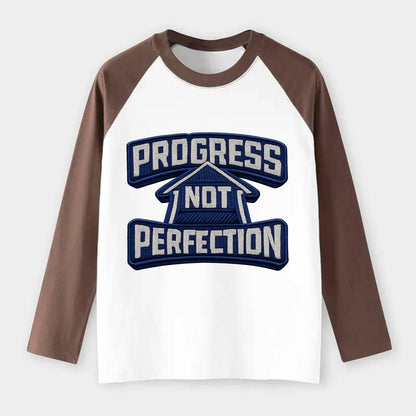 PROGRESS NOT PERFECTION - arrow with text in blue , growth mindset - Raglan Long Sleeve T-Shirt - Coffee