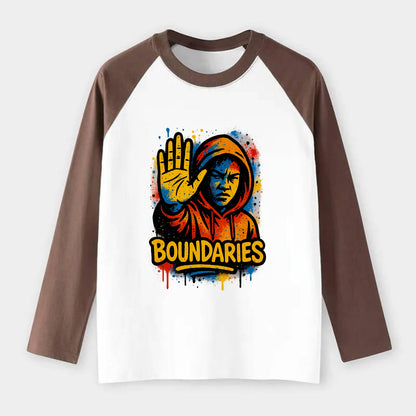 Person holding up hand in "stop" gesture - setting boundaries concept, - Raglan Long Sleeve T-Shirt - Coffee