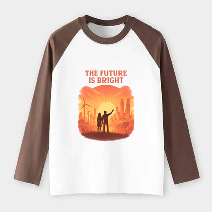 Sunrise over thriving sustainable city - "The Future is Bright" - - Raglan Long Sleeve T-Shirt - Coffee