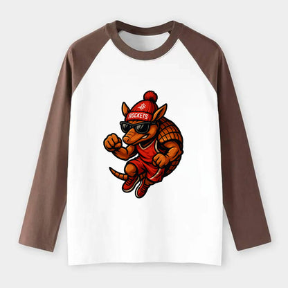 Houston Armadillo wearing Rockets red and silver beanie with rocket - Raglan Long Sleeve T-Shirt - Coffee