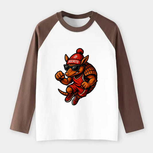 Houston Armadillo wearing Rockets red and silver beanie with rocket - Raglan Long Sleeve T-Shirt - Coffee