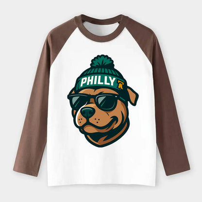 Philly Pitbull wearing Eagles beanie with Liberty Bell patch and - Raglan Long Sleeve T-Shirt - Coffee