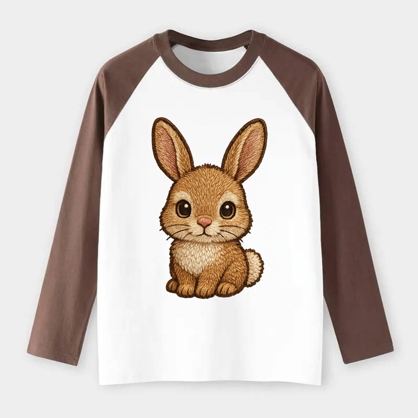 Baby Rabbit - long ears, fluffy white tail, pink nose, large brown - Raglan Long Sleeve T-Shirt - Coffee