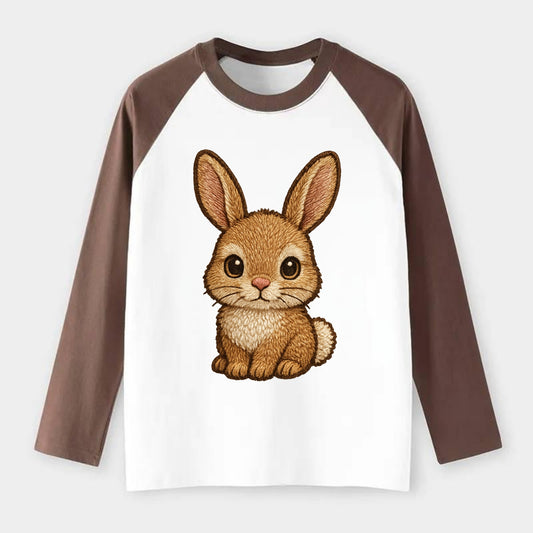 Baby Rabbit - long ears, fluffy white tail, pink nose, large brown - Raglan Long Sleeve T-Shirt - Coffee