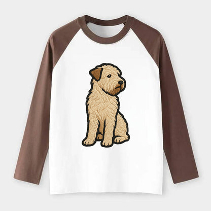 Soft Coated Wheaten Terrier - Light tan flowing coat embroidered pose - Raglan Long Sleeve T-Shirt - Coffee