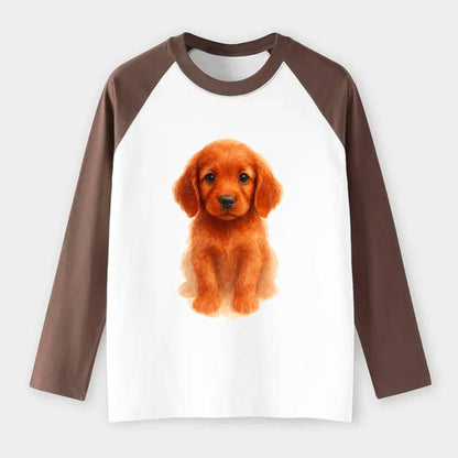 Baby Irish Setter Puppy - mahogany red coat, feathered ears, friendly - Raglan Long Sleeve T-Shirt - Coffee