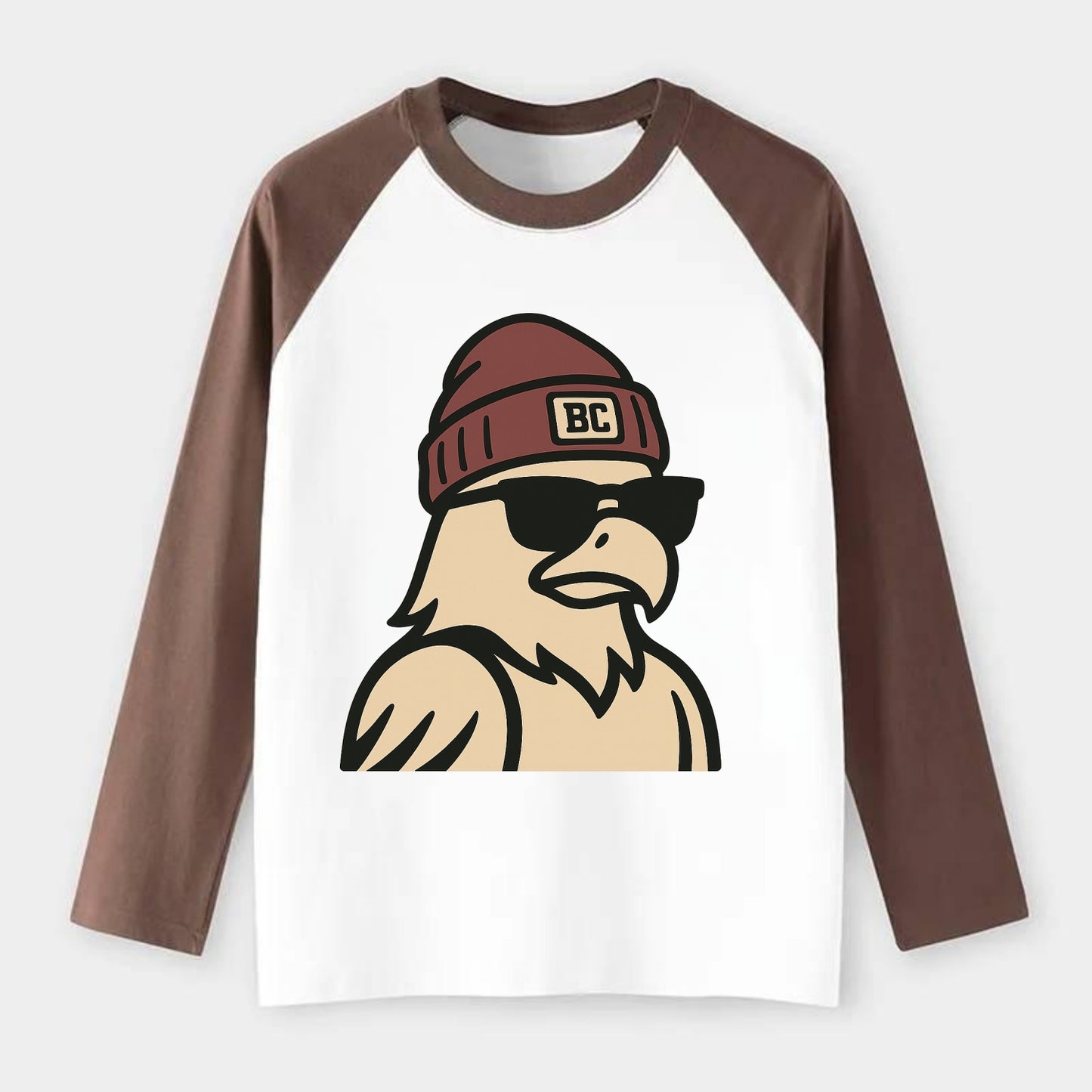 Chestnut Hill Eagle wearing Boston College beanie with BC patch - Raglan Long Sleeve T-Shirt - Coffee