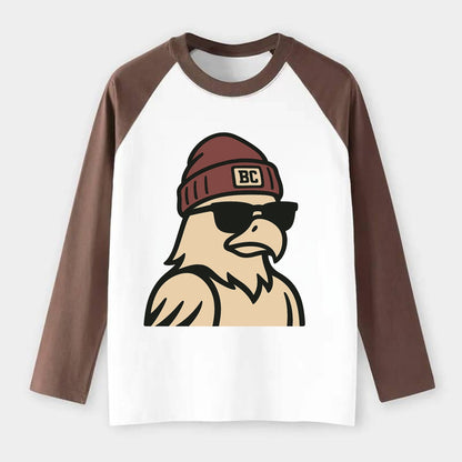 Chestnut Hill Eagle wearing Boston College beanie with BC patch - Raglan Long Sleeve T-Shirt - Coffee