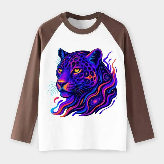 Powerful jaguar with rosettes containing miniature galaxies, cosmic - Raglan Long Sleeve T-Shirt - Coffee