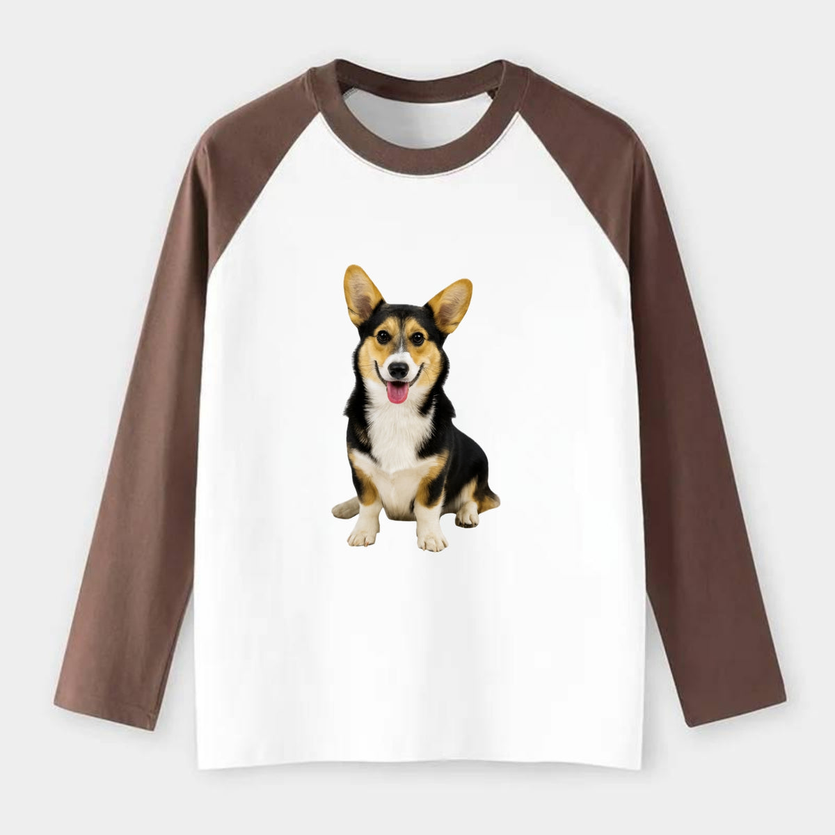 Tricolor Corgi - Raglan Long Sleeve T-Shirt - Coffee