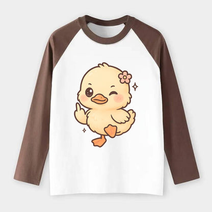fluffy baby duck with small flower, one webbed foot raised sassily - Raglan Long Sleeve T-Shirt - Coffee