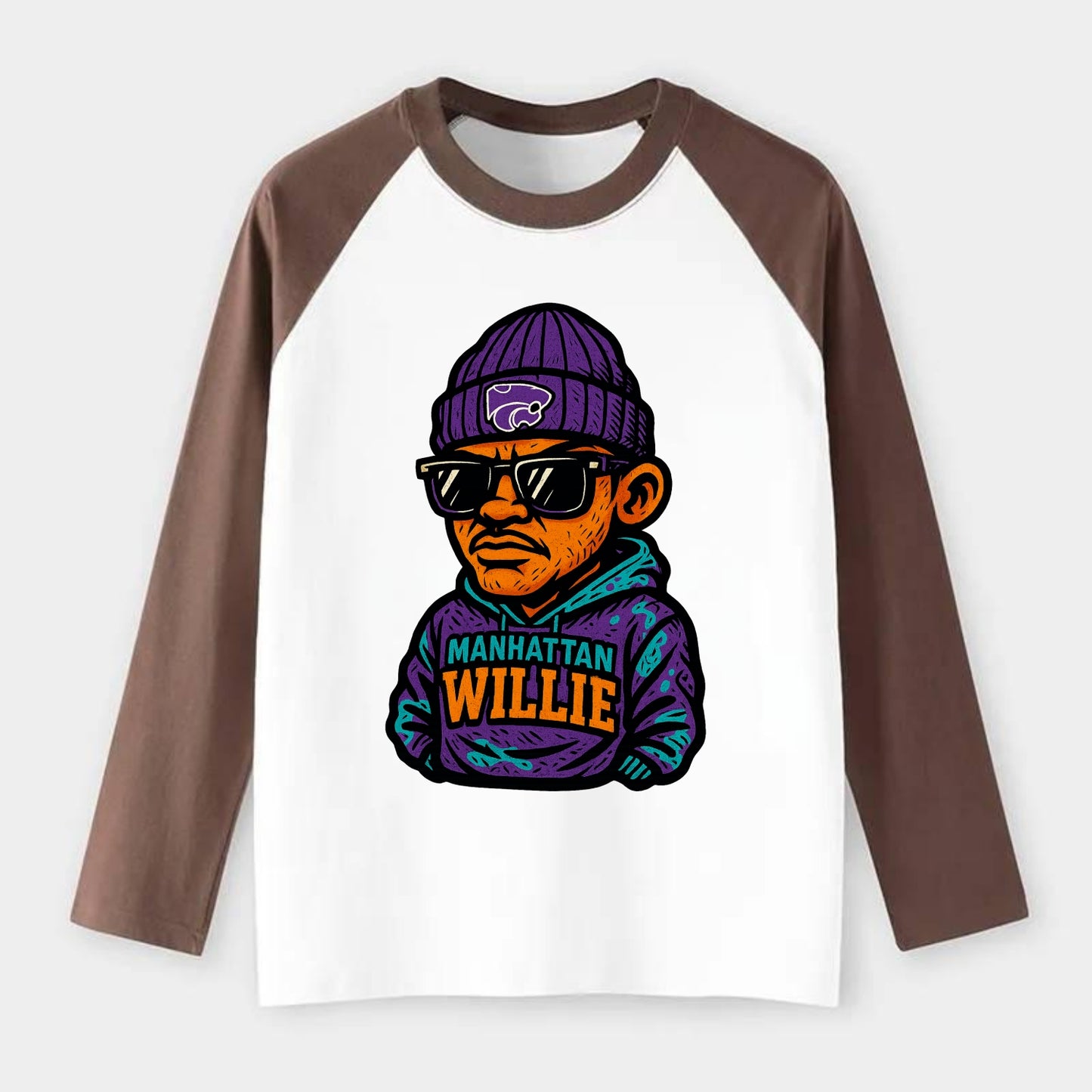 Manhattan Willie wearing Kansas State beanie with powercat patch - Raglan Long Sleeve T-Shirt - Coffee