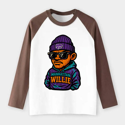 Manhattan Willie wearing Kansas State beanie with powercat patch - Raglan Long Sleeve T-Shirt - Coffee