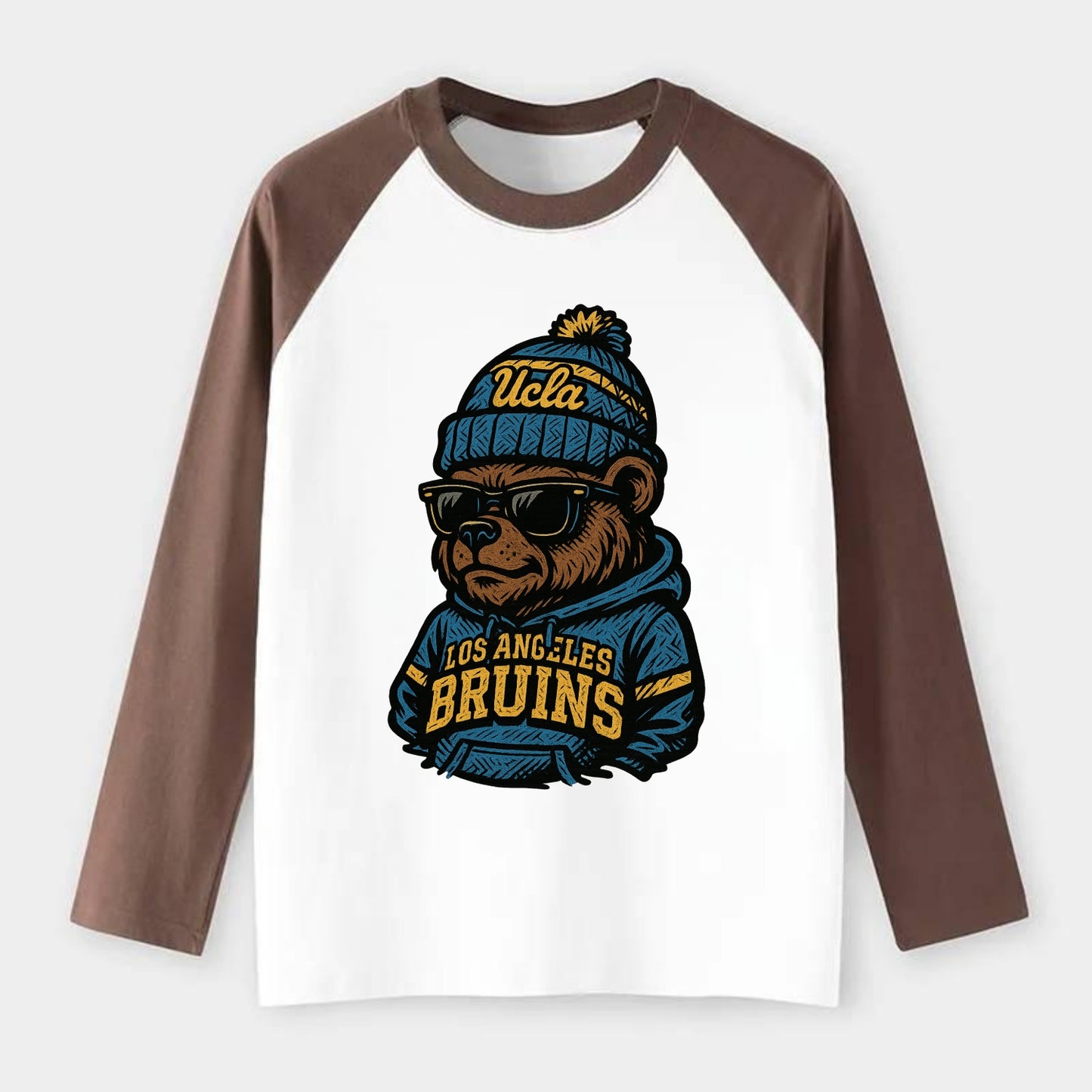 Los Angeles Bruin wearing UCLA beanie with script patch - Raglan Long Sleeve T-Shirt - Coffee