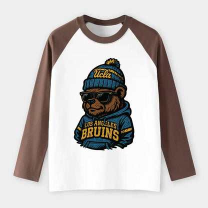 Los Angeles Bruin wearing UCLA beanie with script patch - Raglan Long Sleeve T-Shirt - Coffee