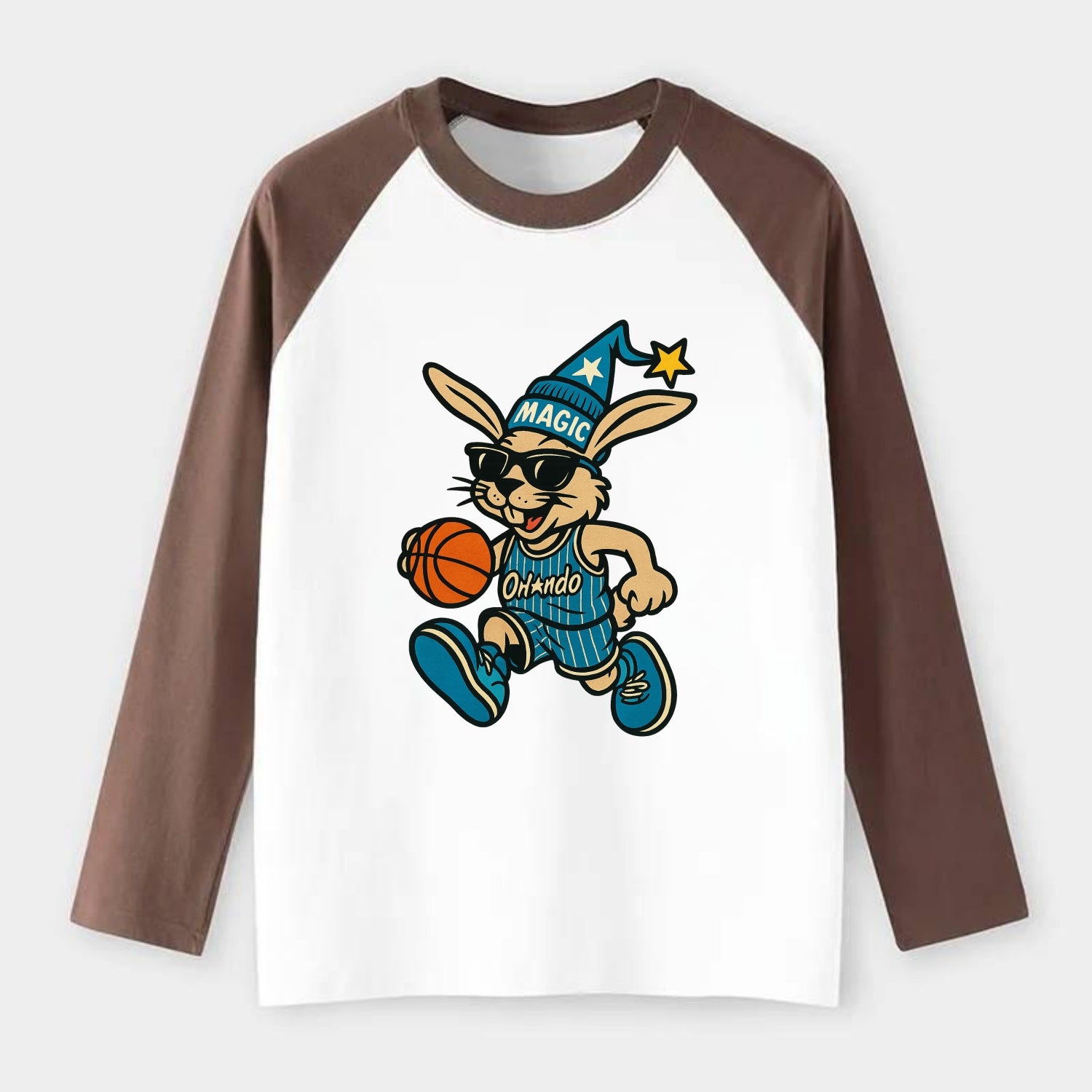 Orlando Rabbit wearing Magic blue and silver beanie with wizard hat - Raglan Long Sleeve T-Shirt - Coffee