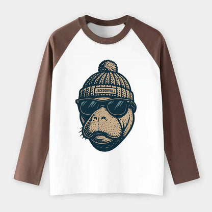 Jacksonville Manatee wearing Jacksonville beanie with pom pom and - Raglan Long Sleeve T-Shirt - Coffee