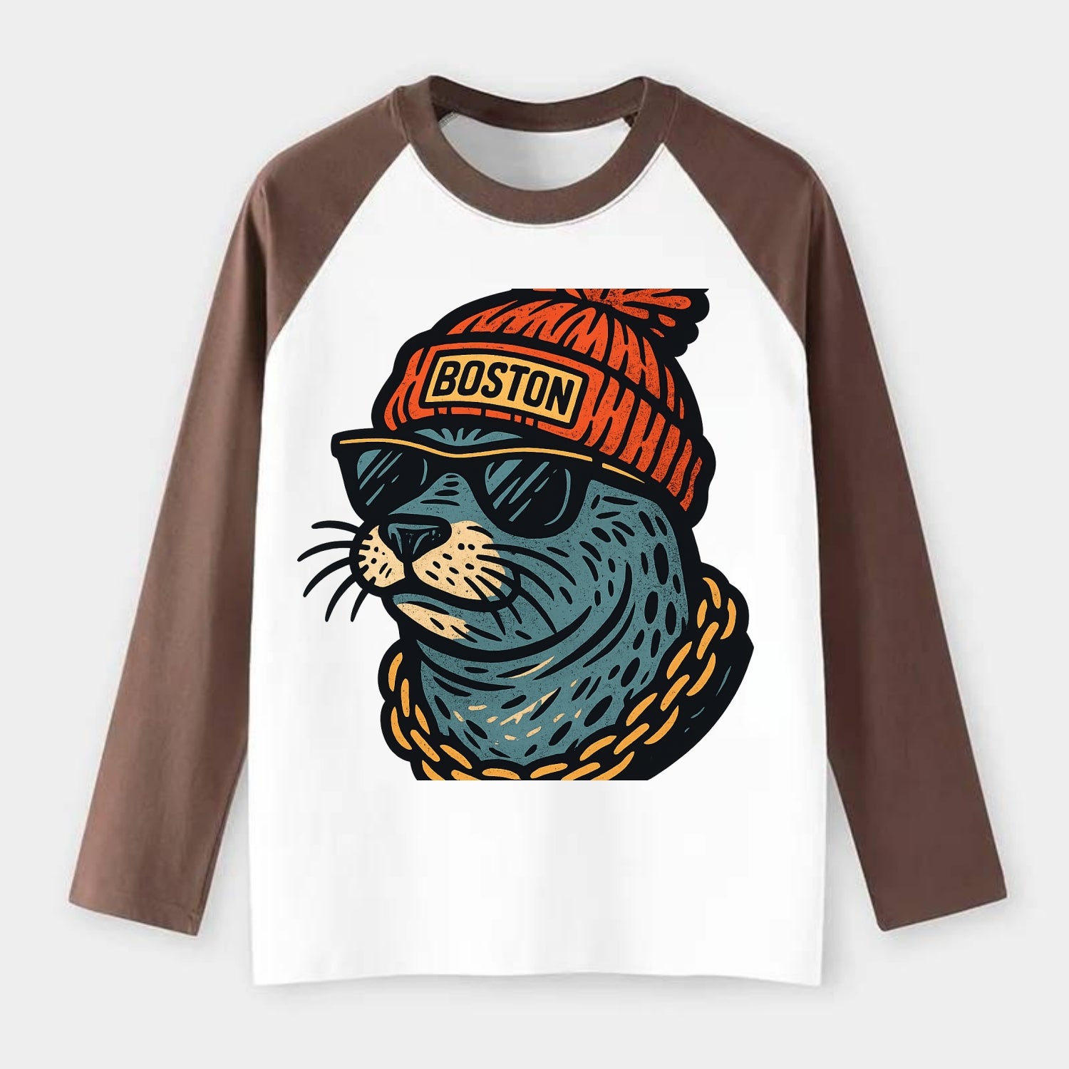 Boston Harbor Seal wearing Boston beanie with pom pom and wayfarer - Raglan Long Sleeve T-Shirt - Coffee