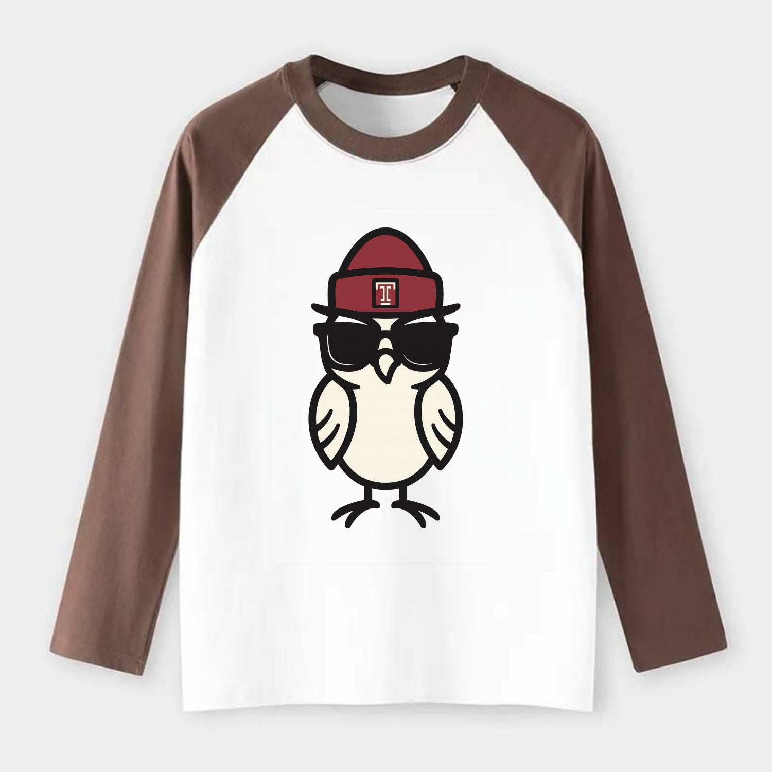 Philadelphia Owl wearing Temple beanie with T patch - Raglan Long Sleeve T-Shirt - Coffee