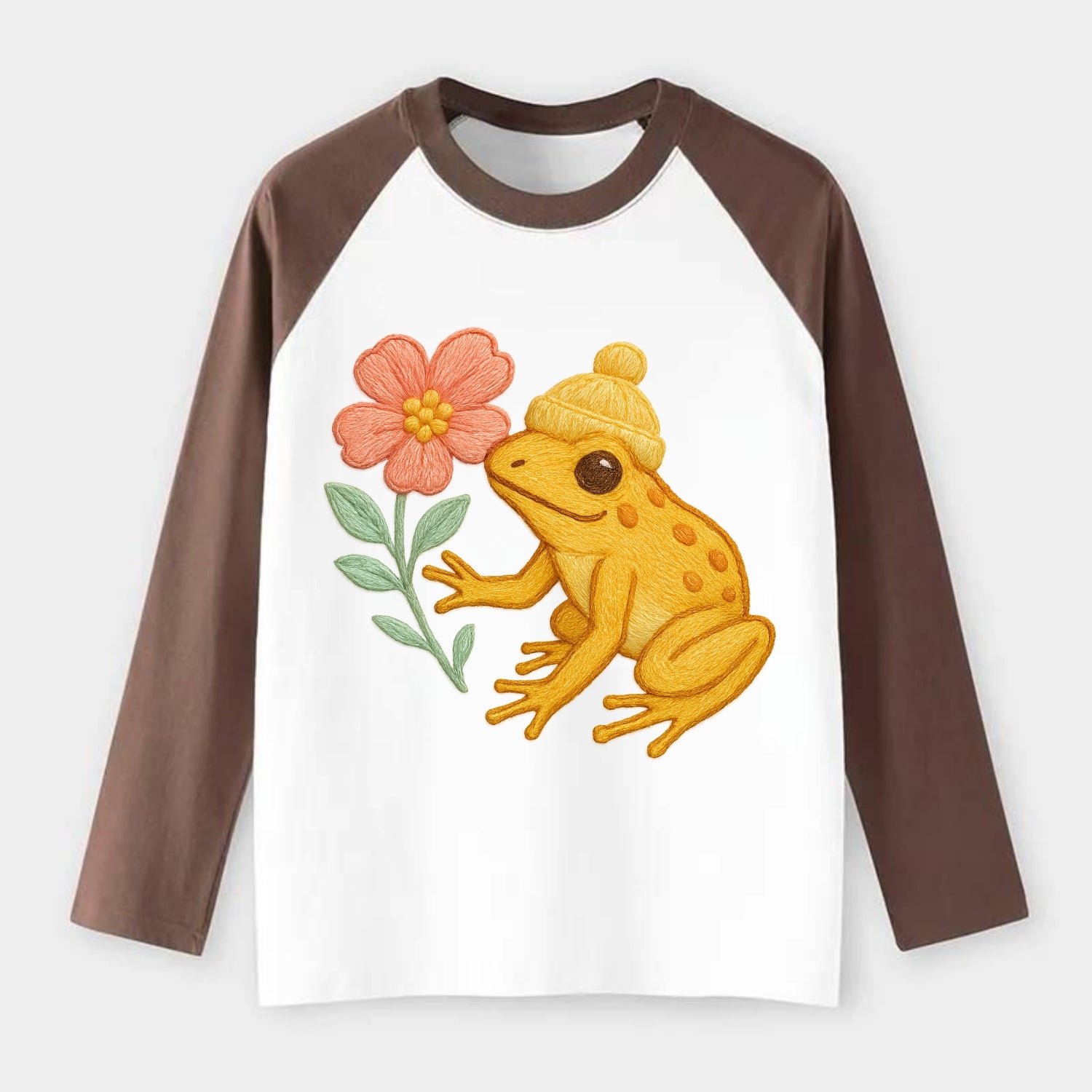 Yellow Dart Frog - Raglan Long Sleeve T-Shirt - Coffee