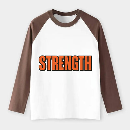 Bold typography design - "STRENGTH" - inner power, resilience, - Raglan Long Sleeve T-Shirt - Coffee