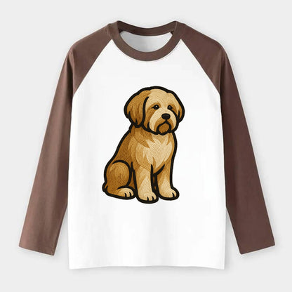 Tibetan Terrier - Gold and white embroidered sitting pose - Raglan Long Sleeve T-Shirt - Coffee