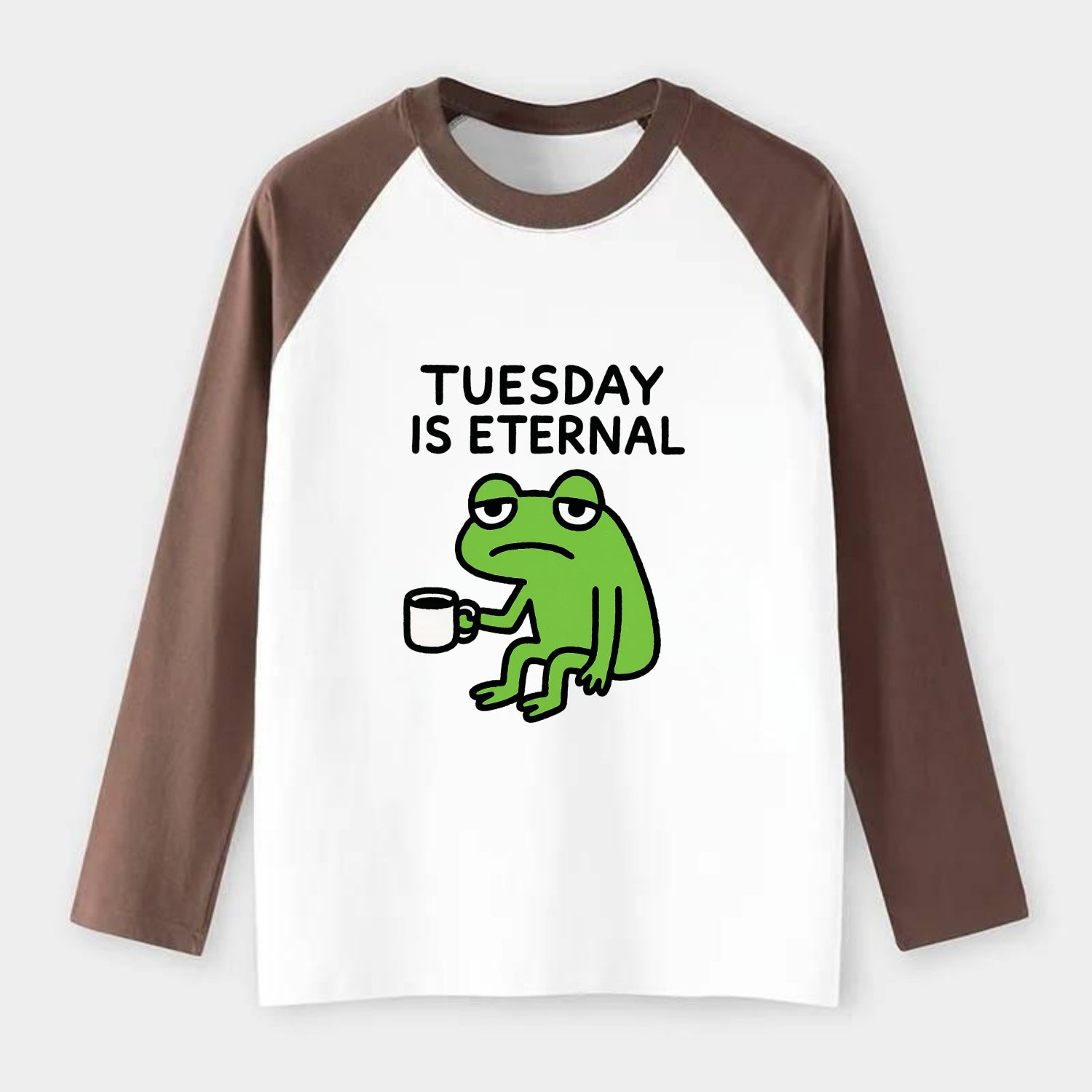 TUESDAY IS ETERNAL | Tired frog with coffee cup - Raglan Long Sleeve T-Shirt - Coffee