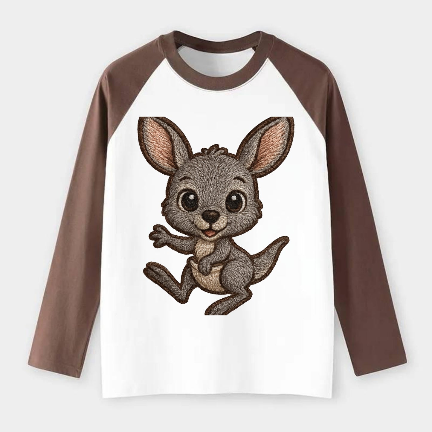 Baby Kangaroo Joey - gray fur, large ears, in pouch peek, bright eyes, - Raglan Long Sleeve T-Shirt - Coffee