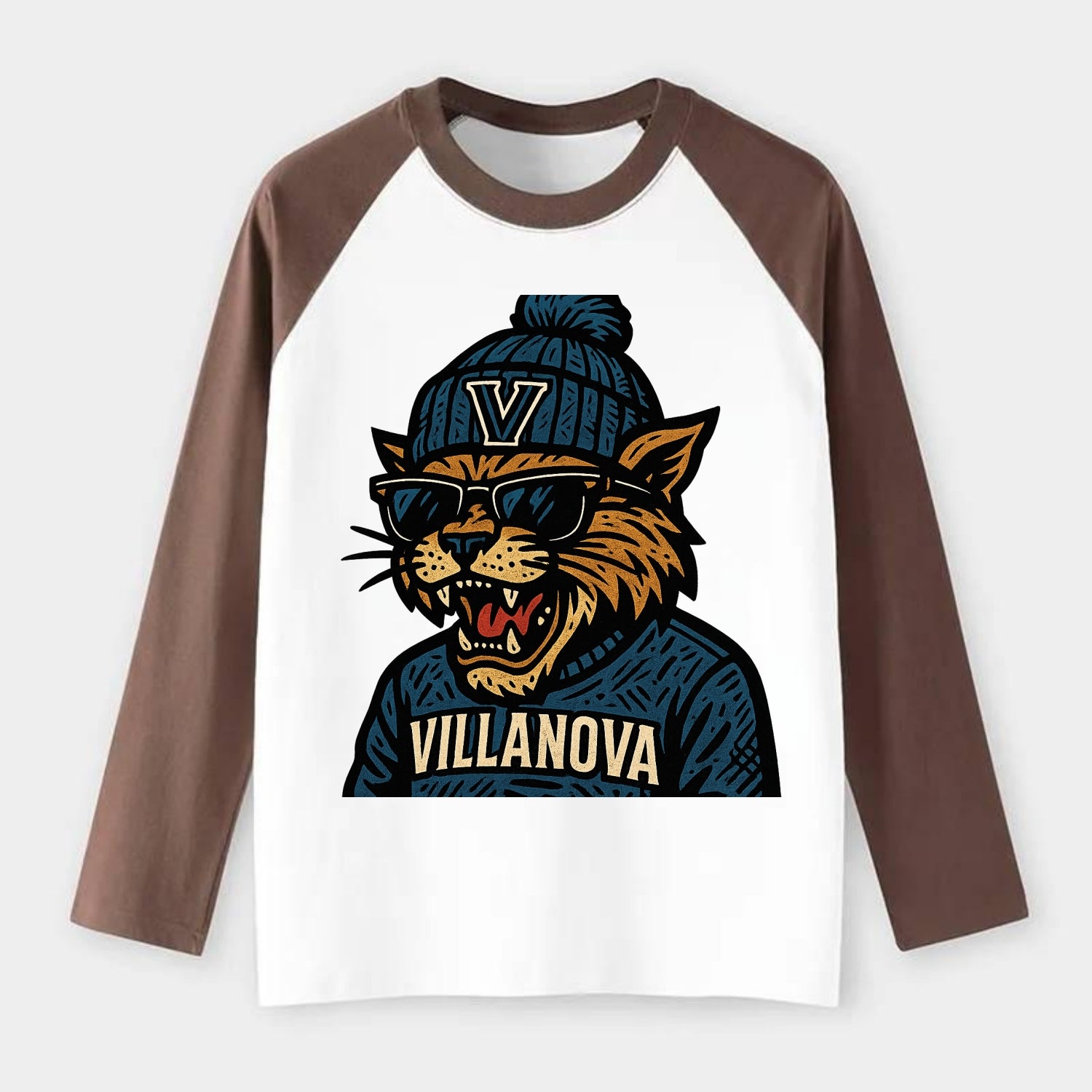 Villanova Wildcat wearing Villanova beanie with V patch - Raglan Long Sleeve T-Shirt - Coffee