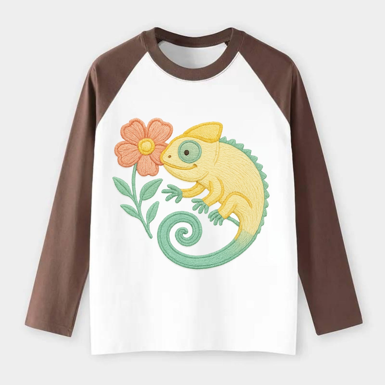 Yellow Chameleon - Raglan Long Sleeve T-Shirt - Coffee